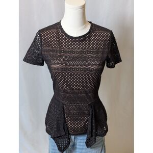 BCBGMaxAzria Vicktoria Mixed Knit Peplum Top Women's Large Black And Cream